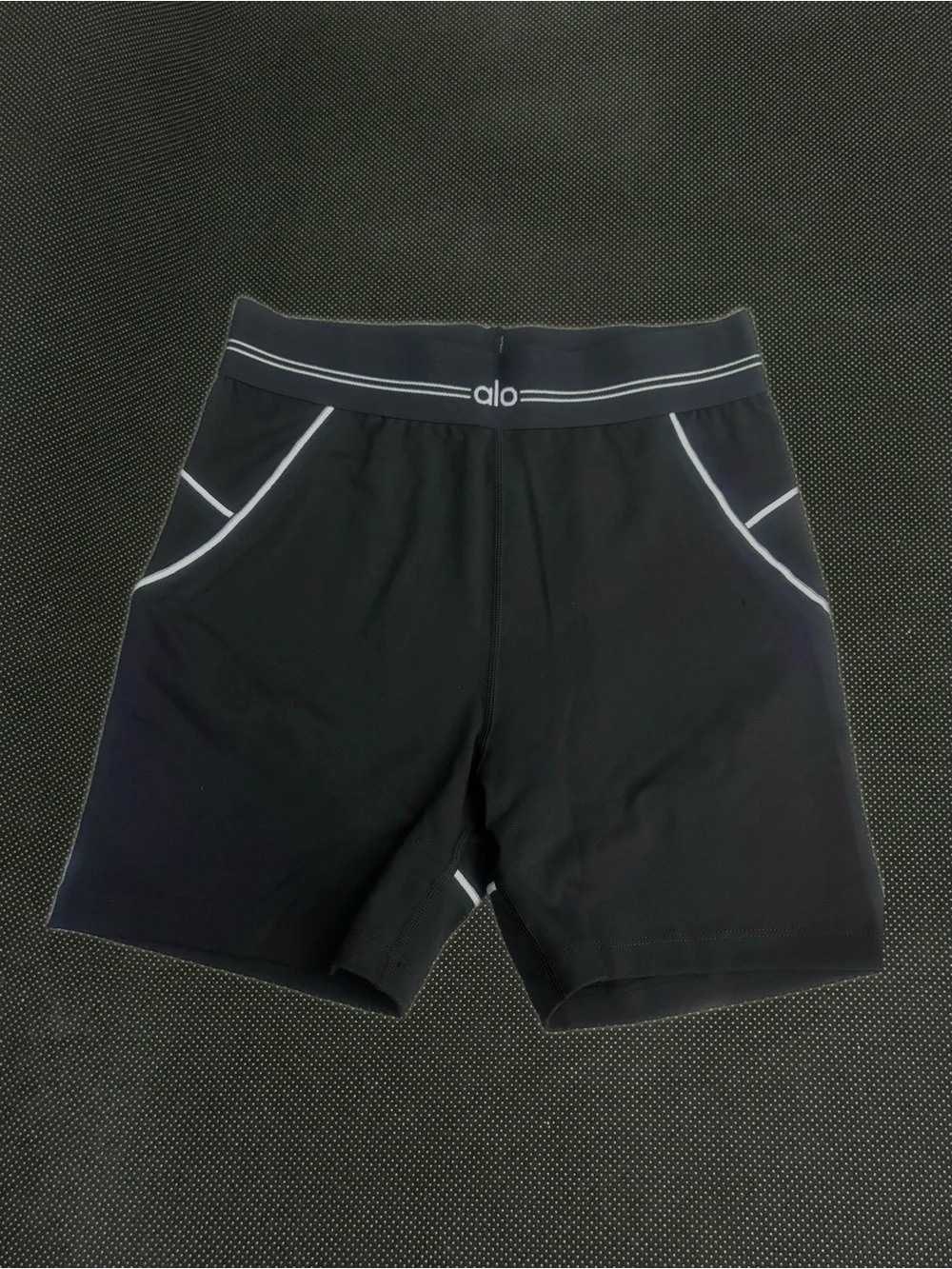 ALO Yoga Black Sports Bra & Bike Shorts Set with White Contrast Trim